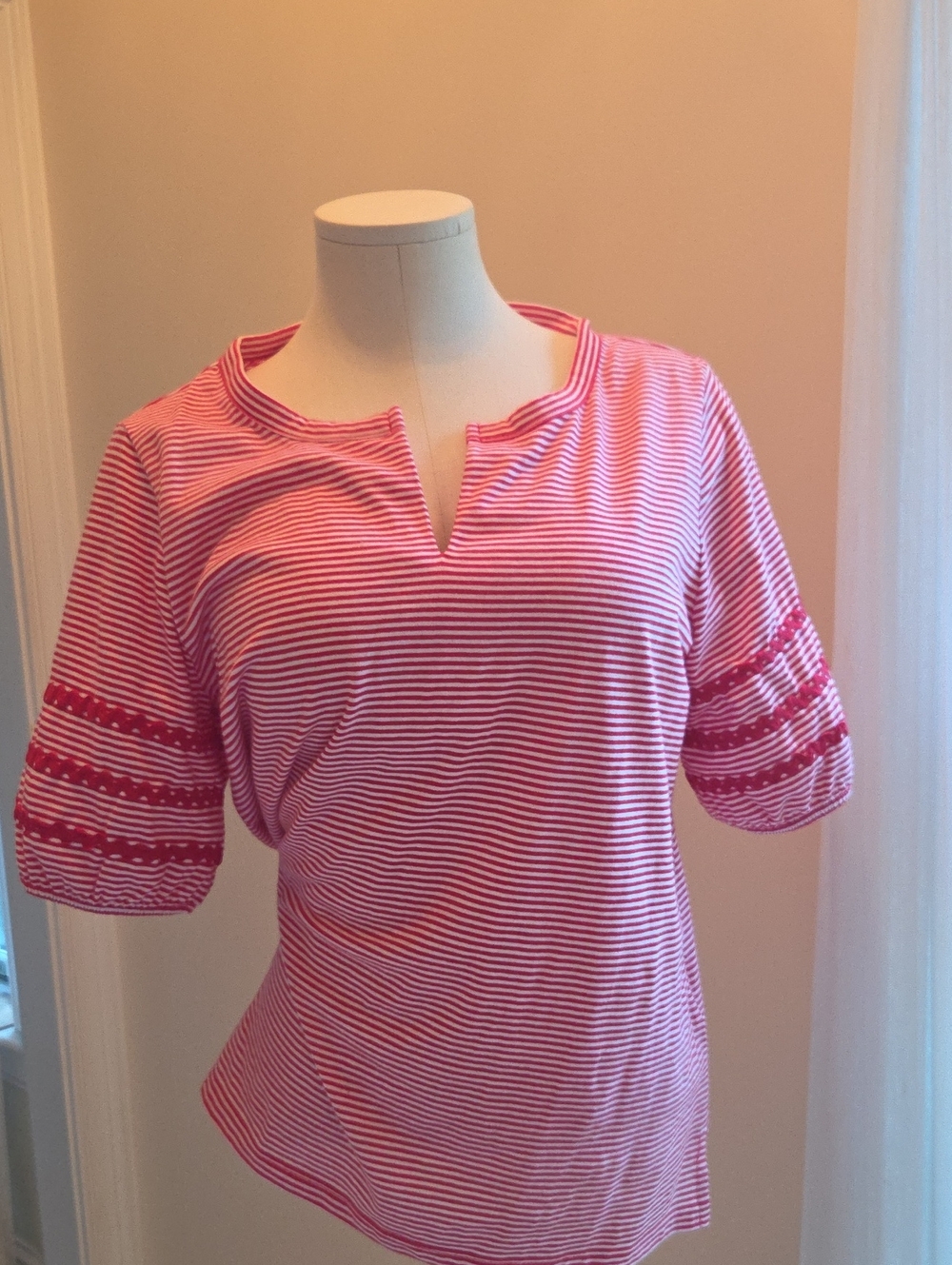 Talbots Pink & White Striped Split-Neck Tee